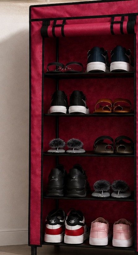 Maroon covered shoe rack