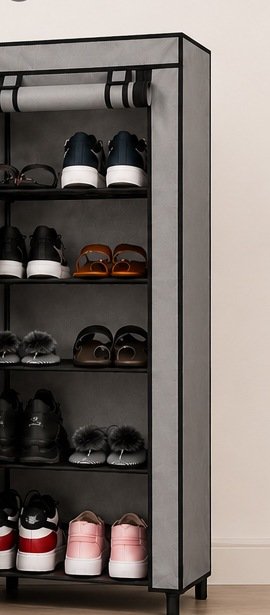 Grey covered shoe rack