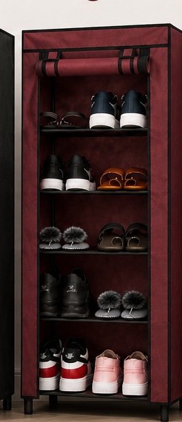 Maroon covered shoe rack